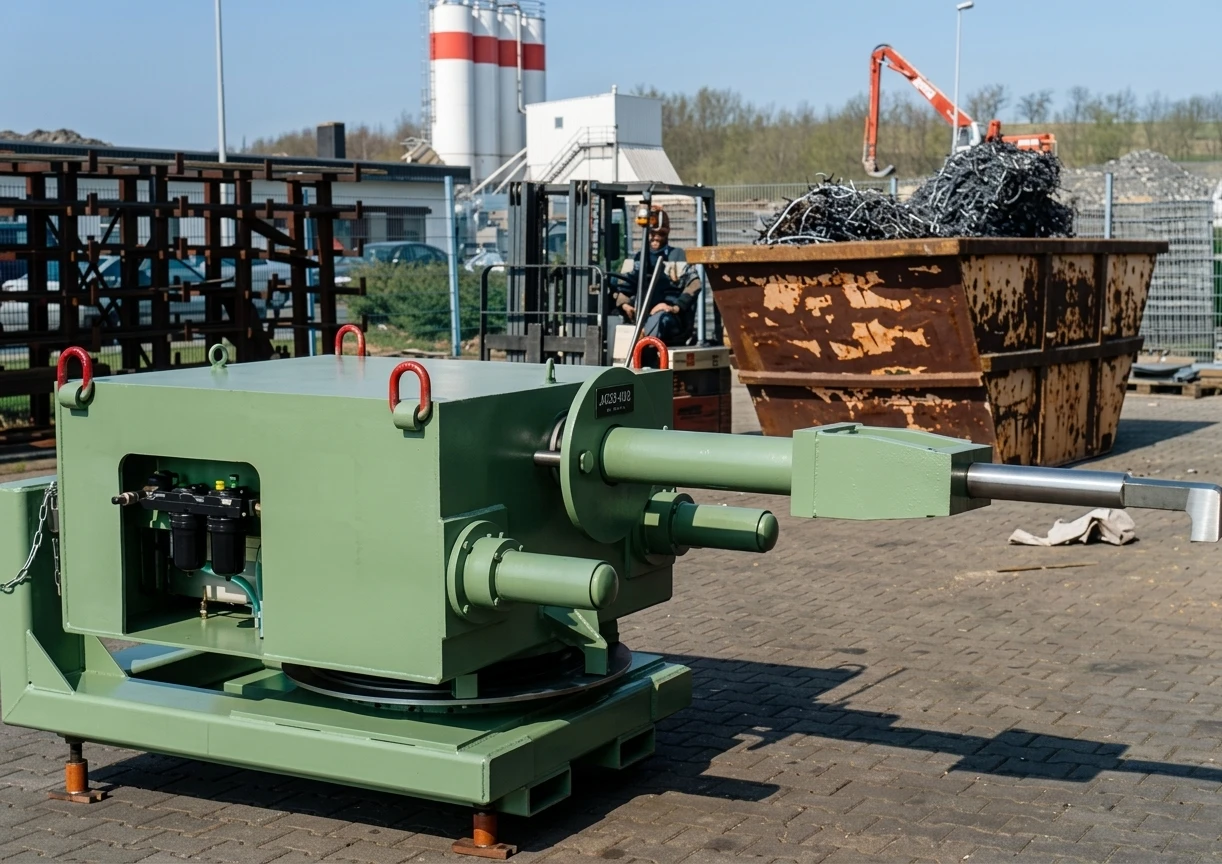 IGEMA Technology GmbH&Co.KG - Maschinenbau & Verpackungstechnik Service - Ein großes, hellgrünes Maschinenteil mit einer hervorstehenden Kolbenwelle im Freien auf einem Industriegelände.
